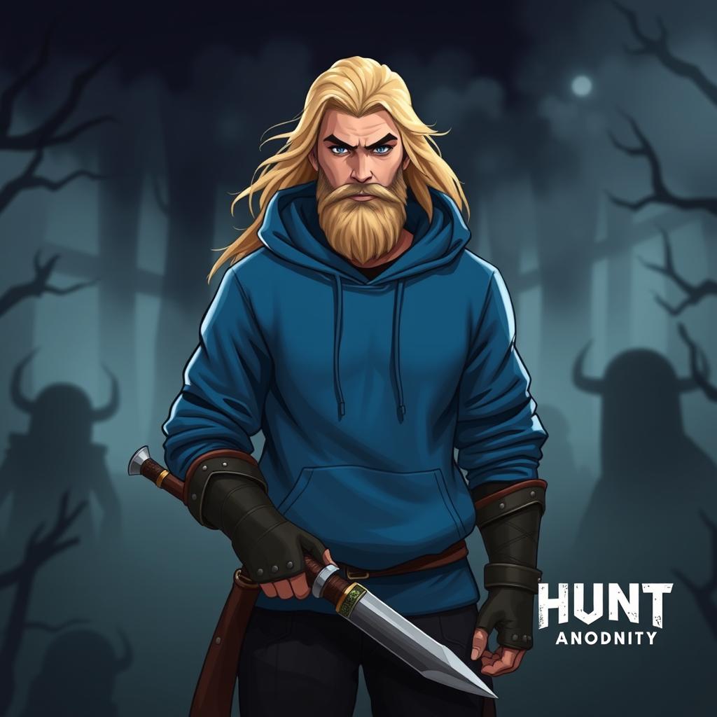A unique illustration of a blonde Viking warrior wearing a blue hoodie, set in the chilling atmosphere of 'Hunt: Showdown