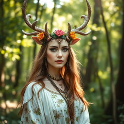 A beautiful Russian woman wearing an elaborate druid outfit inspired by a white stag