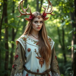 A beautiful Russian woman wearing an elaborate druid outfit inspired by a white stag