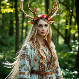 A beautiful Russian woman wearing an elaborate druid outfit inspired by a white stag