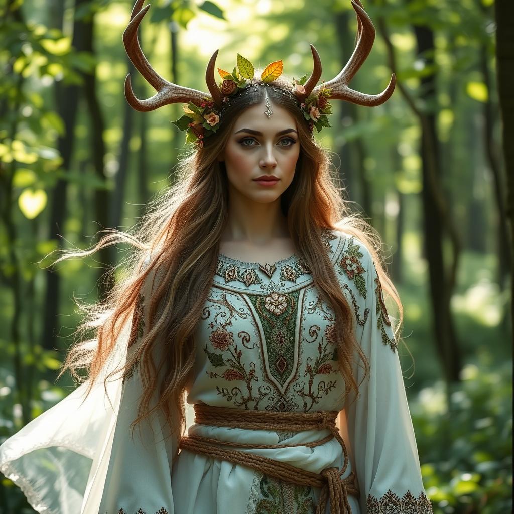 A beautiful Russian woman wearing an elaborate druid outfit inspired by a white stag