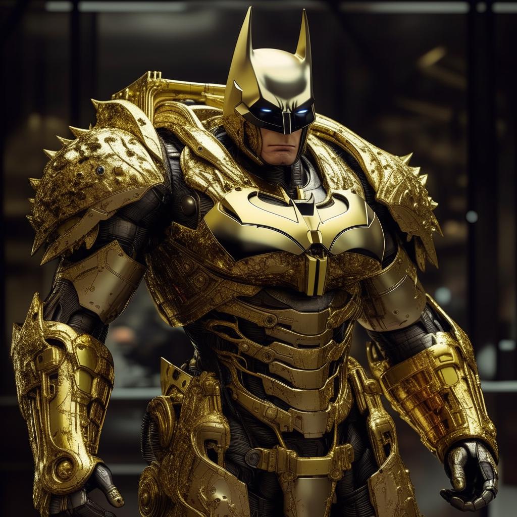 A lavish, gold-plated Batman in a detailed, imposing mecha suit.