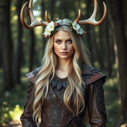 A stunning blond Russian woman dressed in a detailed druid outfit made of leather, inspired by a white stag