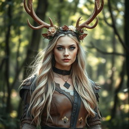 A stunning blond Russian woman dressed in a detailed druid outfit made of leather, inspired by a white stag