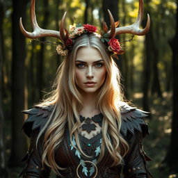 A stunning blond Russian woman dressed in a detailed druid outfit made of leather, inspired by a white stag