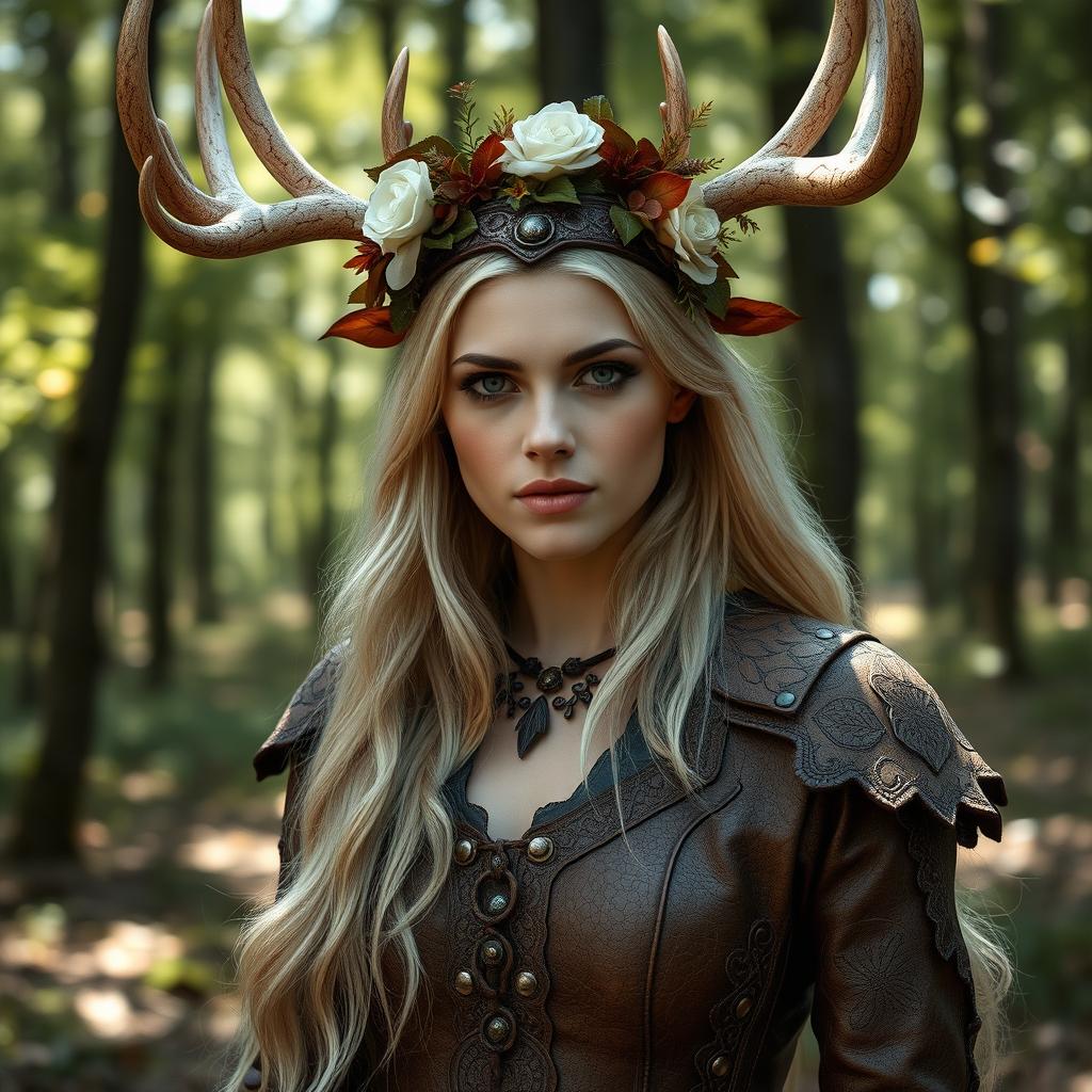 A stunning blond Russian woman dressed in a detailed druid outfit made of leather, inspired by a white stag