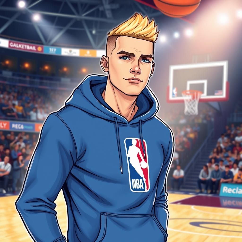 A stylish illustration of a blonde man wearing a blue hoodie with NBA branding, standing confidently on a basketball court