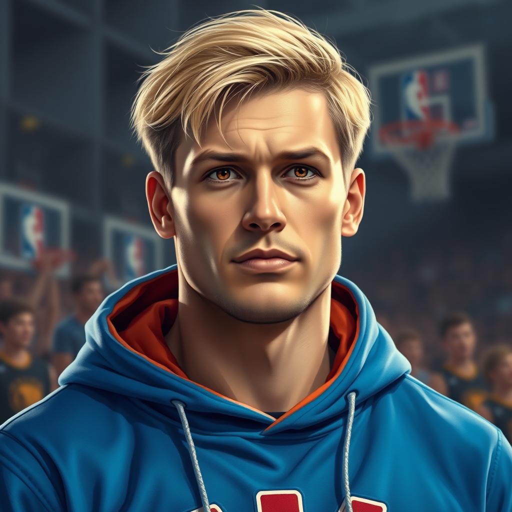 A realistic portrait of a blonde man wearing a blue NBA hoodie, exuding style and confidence