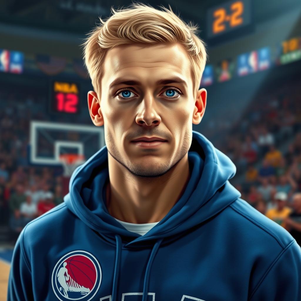 A realistic portrait of a blonde man with striking blue eyes, wearing a blue NBA hoodie