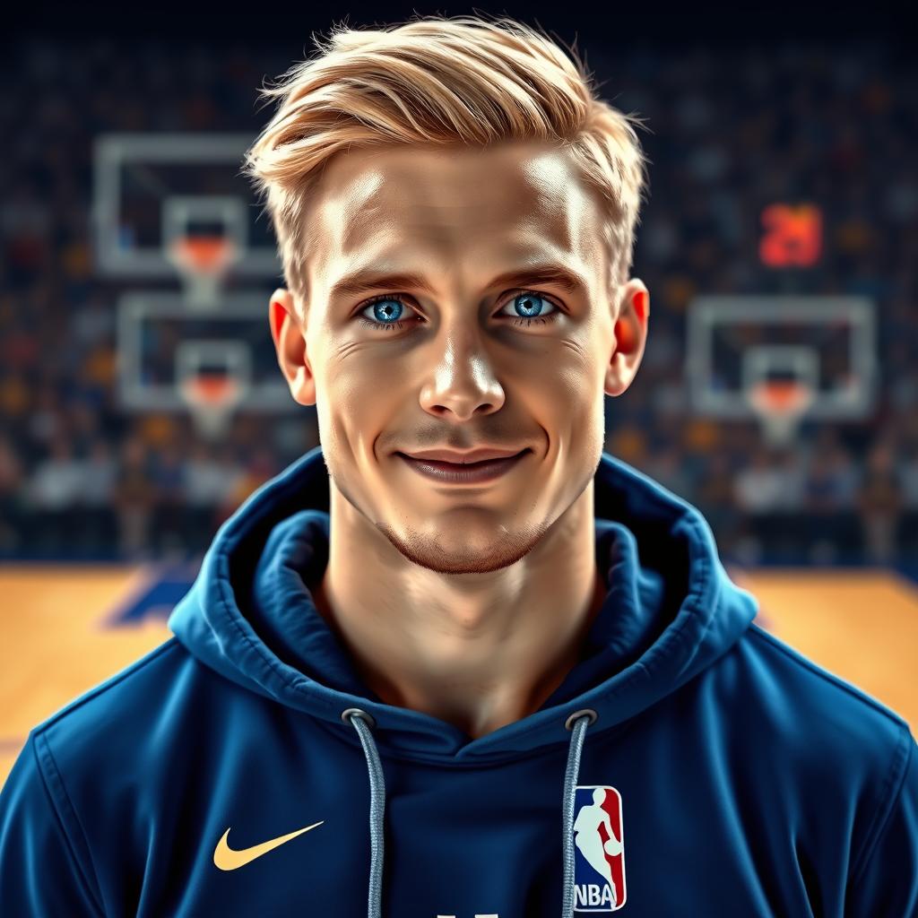 A realistic portrait of a blonde man with vibrant blue eyes, dressed in a blue NBA hoodie