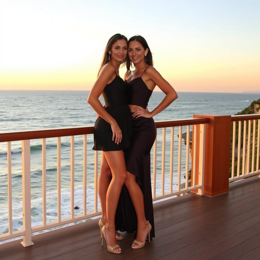 Two beautiful women posing confidently on a scenic deck, with a breathtaking ocean sunset casting warm hues in the background