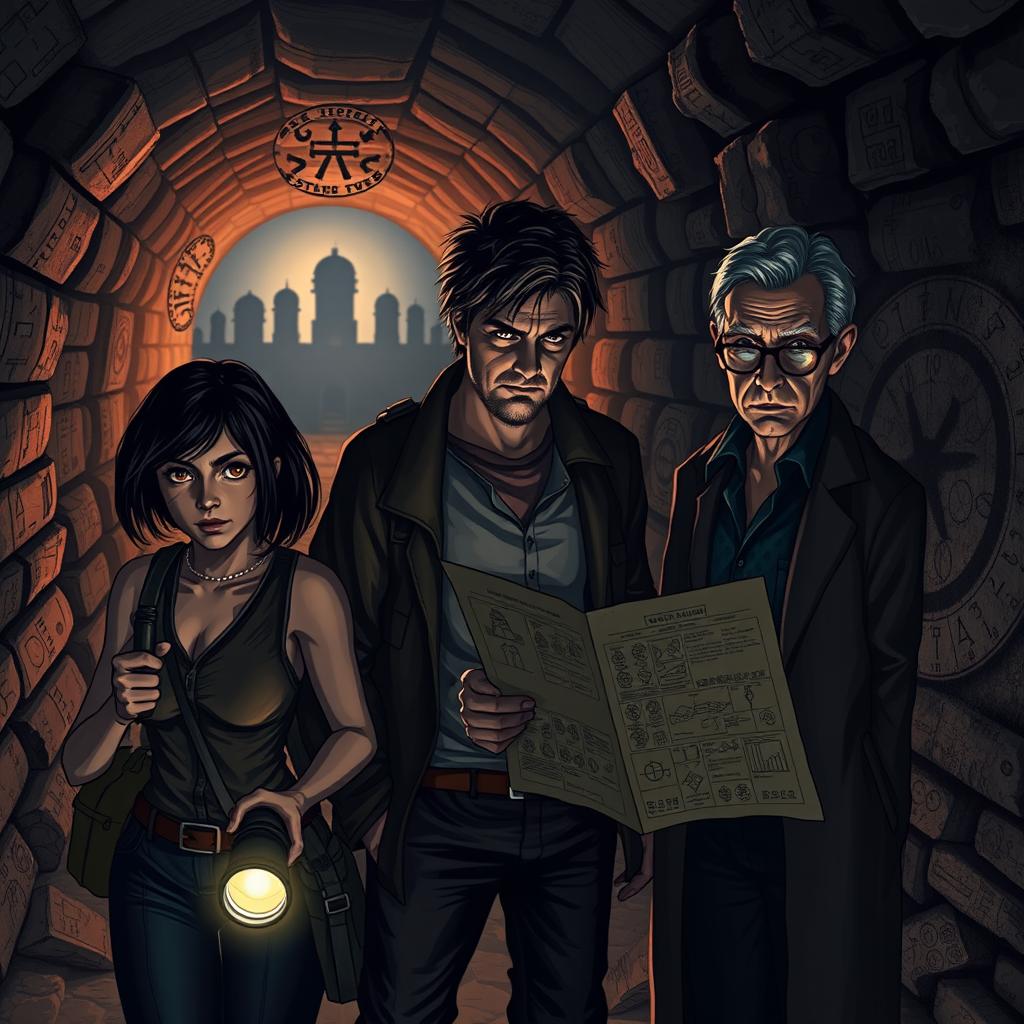 A thrilling scene set in the underground tunnels of an ancient city, featuring three main characters: Sarah, a determined woman with short dark hair and a flashlight, Alex, a tall man with shaggy hair holding a map, and Samuel Langley, a middle-aged man with glasses looking intently at a wall covered in mysterious symbols