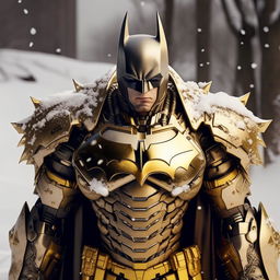 A handsome, gold-plated Batman in a detailed mecha suit, standing imposingly amidst a serene snowfall.