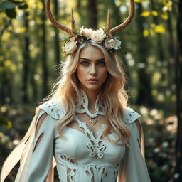 A striking blond Russian woman wearing a mesmerizing druid outfit crafted from white leather, inspired by the graceful white stag