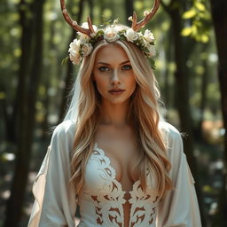 A striking blond Russian woman wearing a mesmerizing druid outfit crafted from white leather, inspired by the graceful white stag