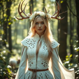 A striking blond Russian woman wearing a mesmerizing druid outfit crafted from white leather, inspired by the graceful white stag