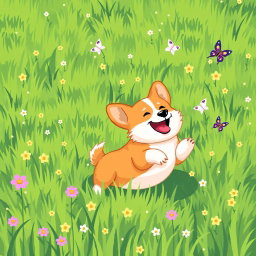 A cute corgi joyfully playing in a vibrant green grassy field, depicted in a charming pixel-art style