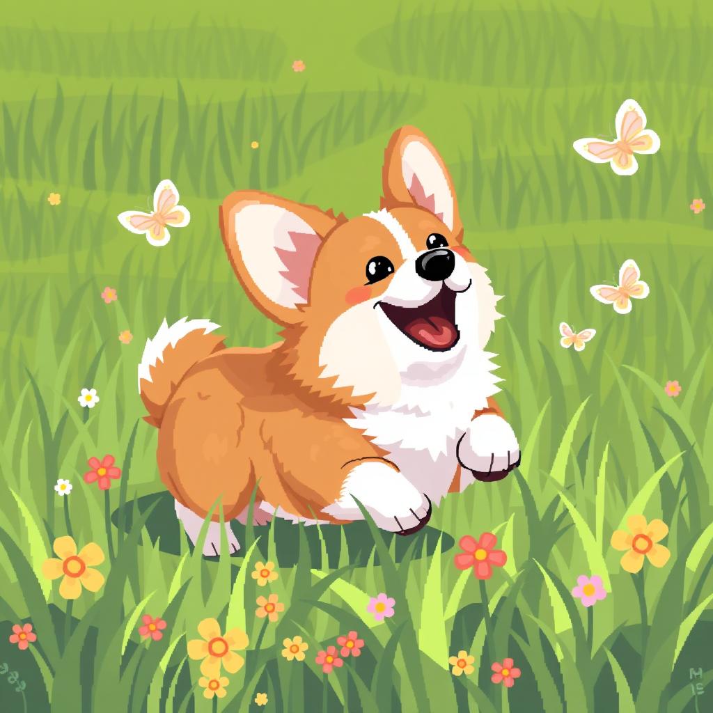 A cute corgi joyfully playing in a vibrant green grassy field, depicted in a charming pixel-art style