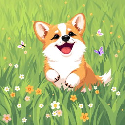 A cute corgi joyfully playing in a vibrant green grassy field, depicted in a charming pixel-art style