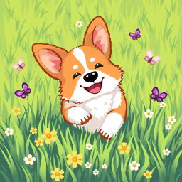 A cute corgi joyfully playing in a vibrant green grassy field, depicted in a charming pixel-art style