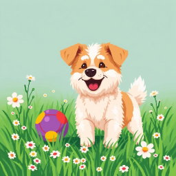 A cute dog playing joyfully in a lush green field, with a colorful ball nearby, rendered in vibrant pixel art style