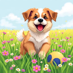 A cute dog playing joyfully in a lush green field, with a colorful ball nearby, rendered in vibrant pixel art style