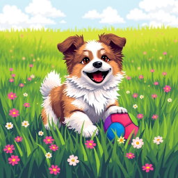 A cute dog playing joyfully in a lush green field, with a colorful ball nearby, rendered in vibrant pixel art style