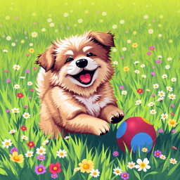 A cute dog playing joyfully in a lush green field, with a colorful ball nearby, rendered in vibrant pixel art style