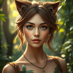A stunning Druid woman with a captivating beauty, featuring a stylish brown wolfcut hairstyle that frames her delicate face