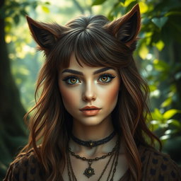 A stunning Druid woman with a captivating beauty, featuring a stylish brown wolfcut hairstyle that frames her delicate face