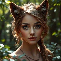 A stunning Druid woman with a captivating beauty, featuring a stylish brown wolfcut hairstyle that frames her delicate face