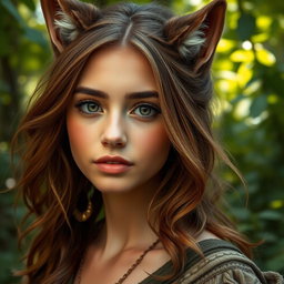A stunning Druid woman with a captivating beauty, featuring a stylish brown wolfcut hairstyle that frames her delicate face