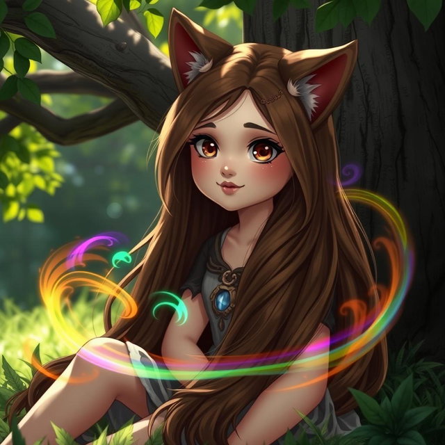 A beautiful Druid girl with long, flowing brown wolfcut hair and big round brown eyes, exuding beauty and cuteness