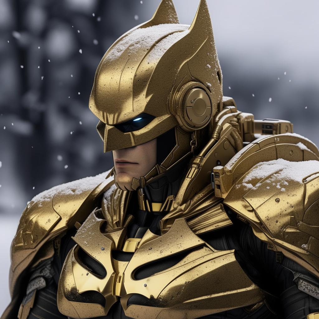 A handsome, gold-plated Batman in a detailed mecha suit, standing imposingly amidst a serene snowfall.