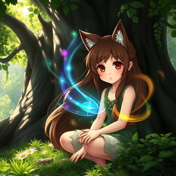 A beautiful Druid girl with long, flowing brown wolfcut hair and big round brown eyes, exuding beauty and cuteness