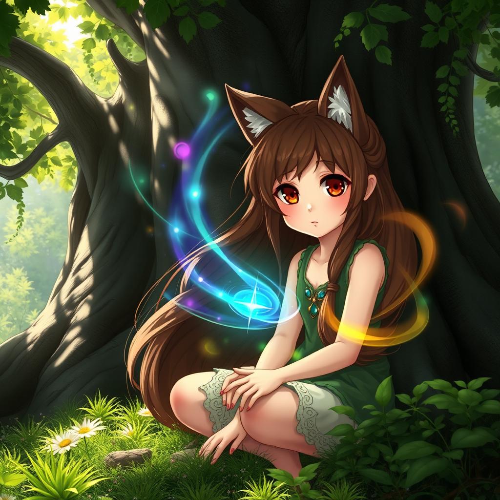 A beautiful Druid girl with long, flowing brown wolfcut hair and big round brown eyes, exuding beauty and cuteness