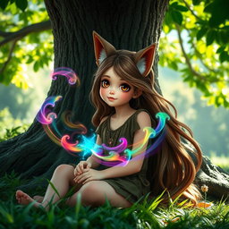 A beautiful Druid girl with long, flowing brown wolfcut hair and big round brown eyes, exuding beauty and cuteness