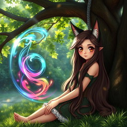 A beautiful Druid girl with long, flowing brown wolfcut hair and big round brown eyes, exuding beauty and cuteness