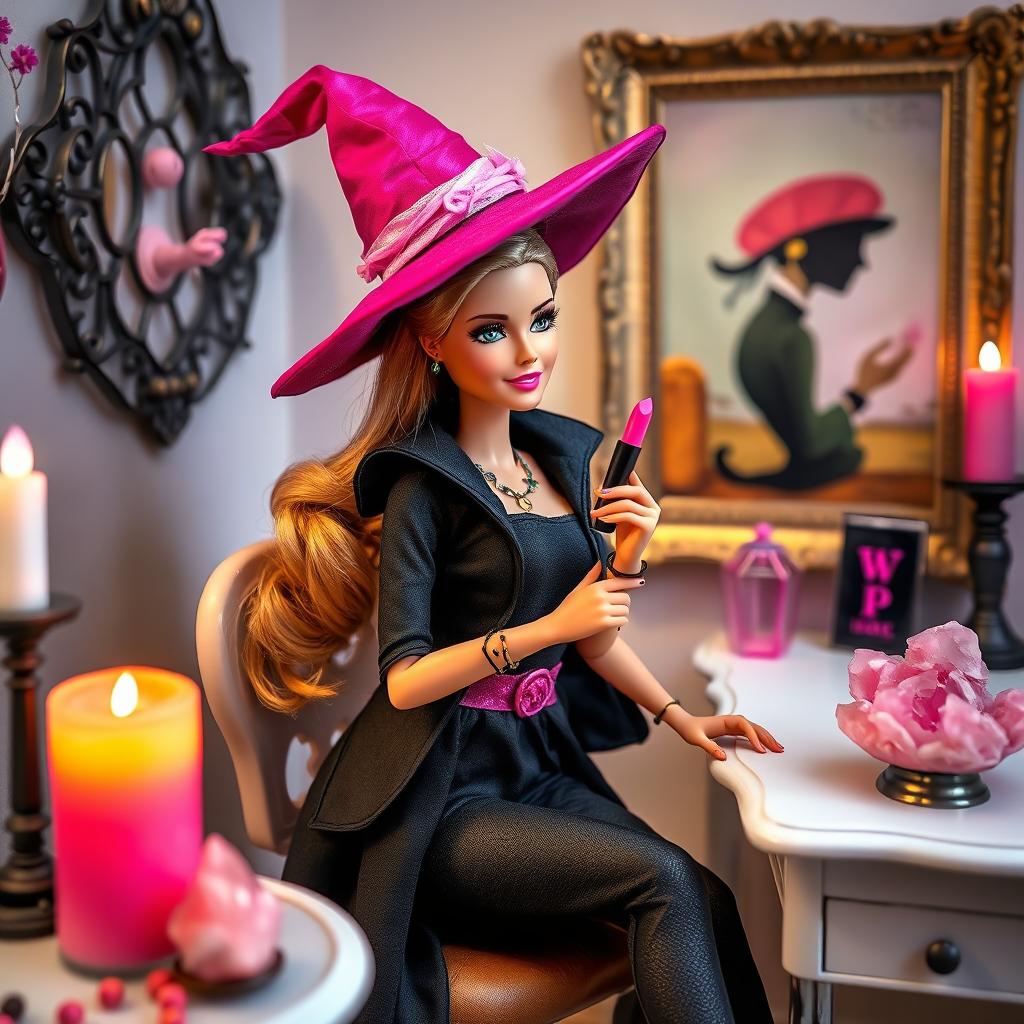 A realistic Barbie doll dressed as a modern witch, sitting at a vanity