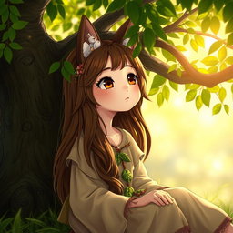 A beautiful girl with long brown wolfcut hair and big round brown eyes, exuding cuteness