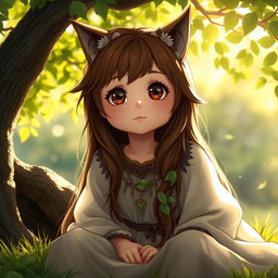 A beautiful girl with long brown wolfcut hair and big round brown eyes, exuding cuteness