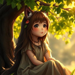 A beautiful girl with long brown wolfcut hair and big round brown eyes, exuding cuteness