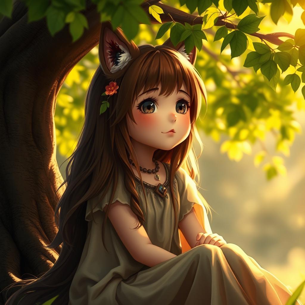 A beautiful girl with long brown wolfcut hair and big round brown eyes, exuding cuteness