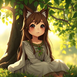 A beautiful girl with long brown wolfcut hair and big round brown eyes, exuding cuteness