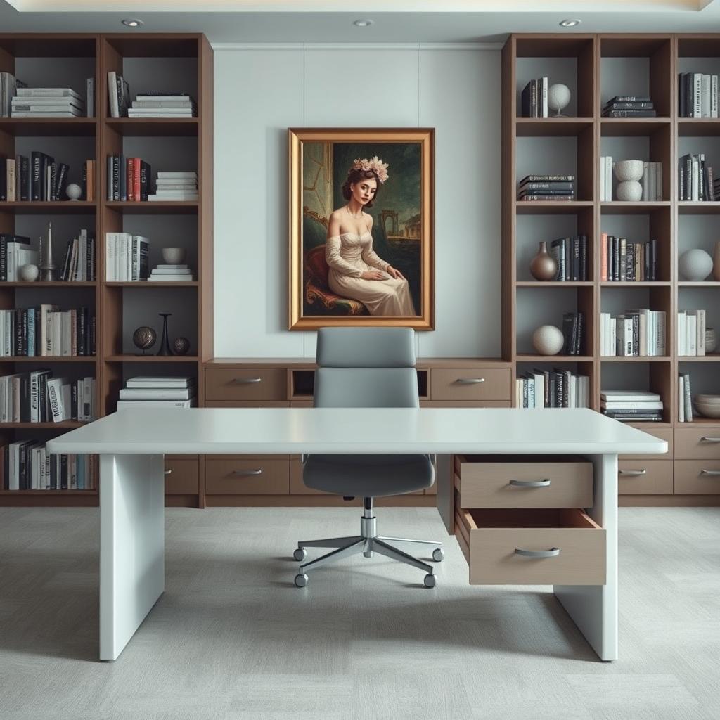 A modern office scene featuring a sleek, straight desk with its own drawer unit, set against a backdrop of a stylish bookshelf filled with books and decorative items
