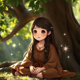 A beautiful girl with long brown hair and big round brown eyes, possessing a stunning and cute face, sitting peacefully under a large, leafy tree