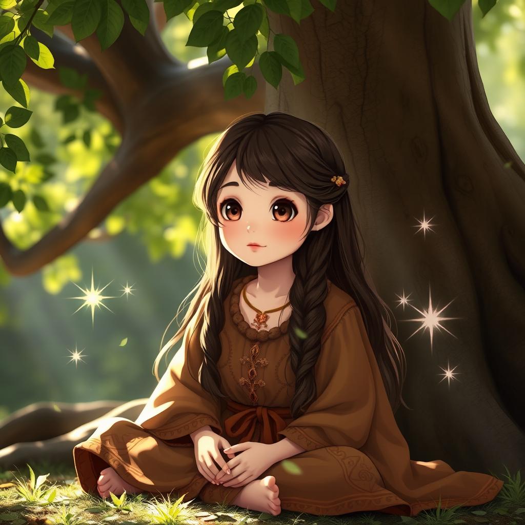 A beautiful girl with long brown hair and big round brown eyes, possessing a stunning and cute face, sitting peacefully under a large, leafy tree