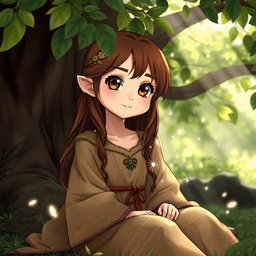 A beautiful girl with long brown hair and big round brown eyes, possessing a stunning and cute face, sitting peacefully under a large, leafy tree