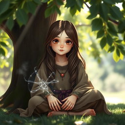 A beautiful girl with long brown hair and big round brown eyes, possessing a stunning and cute face, sitting peacefully under a large, leafy tree