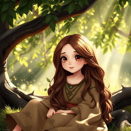 A beautiful girl with long brown hair and big round brown eyes, possessing a stunning and cute face, sitting peacefully under a large, leafy tree